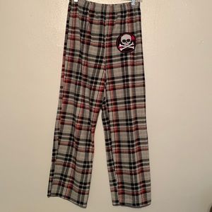 pj pants,grey,red,and black.